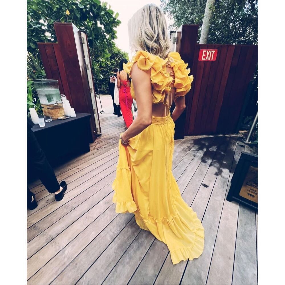 Mac Duggal Womens Chiffon Ruffle Sleeve V Neck A-Line Gown Marigold Size 10 - Picture 6 of 14